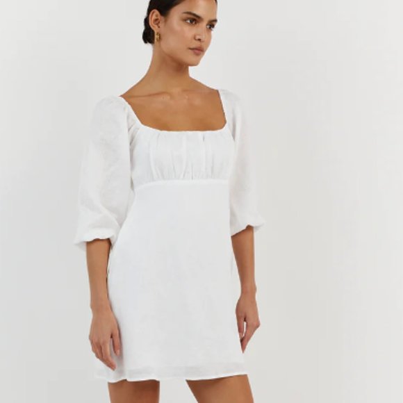 Pistache Sleeveless Poplin Baby Doll Linen Dress - White